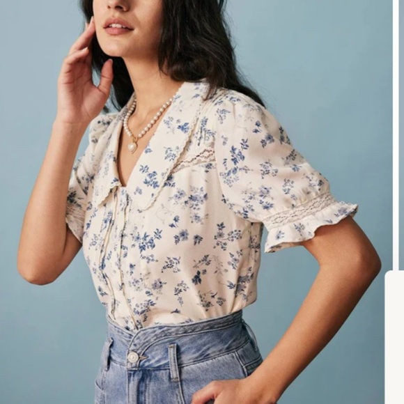 Rihoas Women’s Feminine Vintage Looking Collared Lace Short Sleeve Top New M - Picture 3 of 14